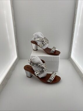 7 For All Mankind Silver Studded Block Heel Sandals